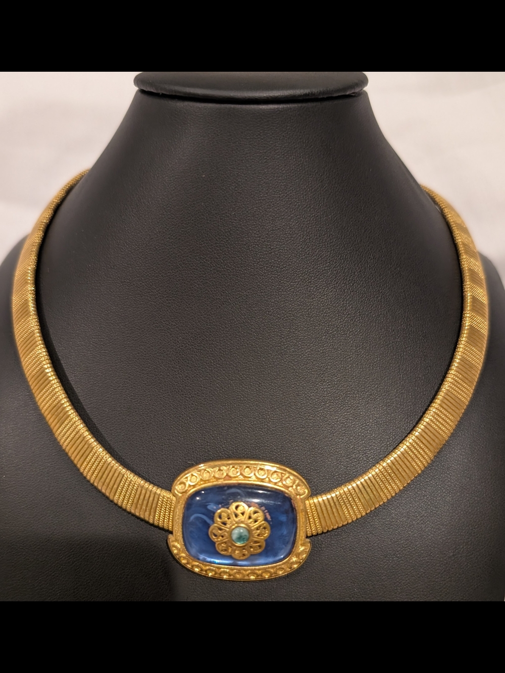 Gold-Tone Necklace with Blue Enamel Center and Turquoise Accent